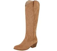 WEHAM Bottes occidentales brodées pour Femmes, Bottes de Cowboy à Talons épais et à Mollet Large, Bottes mi-Mollet rétro Pointues Rouges et Noires à la Mode,Marron,45