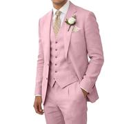 Wehilion Costume rétro en Lin pour Homme - Costume d'été - Coupe ajustée - 3 pièces - Léger et Respirant - Veste Gilet et Pantalon de Smoking, Rose, XX-Large