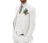 Wehilion Costume rétro en Lin pour Homme - Costume d'été - Coupe ajustée - 3 pièces - Léger - Veste - Gilet - Pantalon de Smoking, Blanc, Taille S