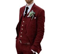 Wehilion Costume rétro en lin pour homme - Costume d'été - Coupe ajustée - 3 pièces - Léger - Veste - Gilet - Pantalon de smoking, bordeaux, Taille L