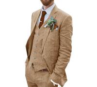 Wehilion Costume rétro en lin pour homme - Costume d'été - Coupe ajustée - 3 pièces - Léger - Veste - Gilet - Pantalon de smoking, kaki, Taille M