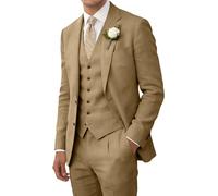 Wehilion Costume rétro en lin pour homme - Costume d'été - Coupe ajustée - 3 pièces - Léger - Veste - Gilet - Pantalon de smoking, kaki, Taille M