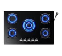 WEHIMO Plaque de cuisson à gaz, 5 feux, 77 cm, en verre, encastrable, épaisseur : 8 mm, noire, avec protection automatique contre les flammes, pour gaz naturel ou GPL, 10500 W, 127-240 V