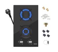 WEHIMO Plaque de cuisson à gaz à 2 feux, encastrable, en verre, 30 cm, 3700 W, 2 zones de cuisson (2700 W + 1000 W), pour gaz propane et gaz naturel, verre noir, convient pour toutes les casseroles