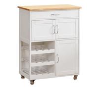 WeHome Chariot de Cuisine en Bois FEBE, Buffet Blanc 67 x 36 x 87 cm avec 1 tiroir, 3 Portes, 3 étagères Porte-Bouteilles, Meuble Cuisine avec roulettes et Plateau en Bois chêne (Blanc)