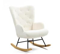 WeHome Fauteuil à bascule rembourré avec accoudoirs, fauteuil relax intérieur à bascule, fauteuil en bois et métal avec revêtement multicolore 96 x 66 x 90 cm (Bouclé, crème)