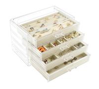 Weiai Organisateur de bijoux en acrylique, boîte à bijoux transparente avec 4 tiroirs, étui de rangement pour femme (beige)