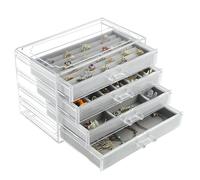 Weiai Organisateur de bijoux en acrylique, boîte à bijoux transparente avec 4 tiroirs, étui de rangement pour femme (gris)