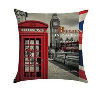 WEIANG Housses de Coussin avec Angleterre London Cabine Téléphonique Rétro Style Vintage City Peinture Coton épais en Lin Double Face 18 x 18/45 x 45 cm Couvre-Lit Taies d'oreiller