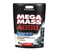 Weider Mega Mass 4000. Goût Fraise. Mélange protéiné pour prise de masse. Avec 3 protéines (lait, lactosérum, blanc d’œuf) et de la créatine. Pauvre en sucres. 4kg