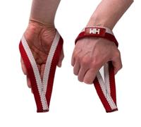 Weightlifting House Sangles de poignet pour haltérophilie, culturisme, arrachement, tractions et soulevés de terre, bandages d'entraînement d'haltérophilie pour homme et femme (rouge et blanc)