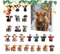 Weihnachten Highland Cow Adventskalender 24 Tage - Weihnachts Countdown Kalender Advent | 2D Acryl Highland Cow Schmuck, Ornement Für Fenster, Auto Rückspiegel, Wand, Tür, Weihnachtsbaum, Deko