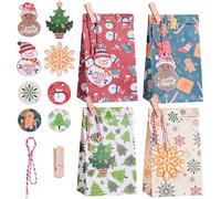 Weihnachtsgeschenktüten 24 Stück-4 Stile 6 Stück, Kommt Mit 24 Kleinen Weihnachtskarten Und 24 Kleinen Clips Weihnachtsgeschenktüte Für Weihnachten Adventskalender Geburtstag Hochzeit