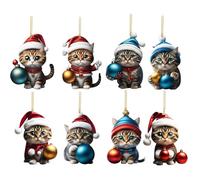 Weihnachtskatzenschild - 2D Katzen Weihnachtsbaumschmuck Set | Acryl Tier-Anhänger Für Tannenbaum, Auto, Fenster | Robuste & Wasserfeste Weihnachtsdeko Katze, Christbaumschmuck 6er/8er Set