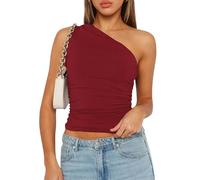 WeiHykki Débardeur court sexy sans manches à une épaule dénudée pour femme - Haut froncé moulant et ajusté pour entraînement Y2K, bordeaux, S