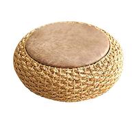 WEII Tabouret Ottoman À Pouf Tricoté Avec Coussin de Siège En Cuir Pu En Cuir de Yoga Méditation D'Intérieur Coussin de Paille Tissé À La Main,50Cm