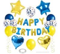 WEIKA Lot de 27 décorations d'anniversaire dorées et bleues, lettres 3D, bannière de ballons Happy Birthday avec pentagramme en forme de cœur, ballons confettis pour garçons et filles