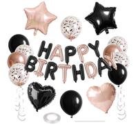 WEIKA Lot de 27 décorations d'anniversaire en or rose et noir, lettres 3D, bannière de ballons Happy Birthday avec pentagramme en forme de cœur, ballons confettis pour garçons et filles