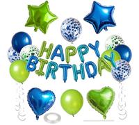 WEIKA Lot de 27 décorations d'anniversaire vertes et bleues, lettres 3D, bannière de ballons Happy Birthday avec pentagramme en forme de cœur, ballons confettis pour garçons et filles