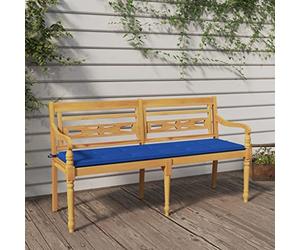 Weilusique Batavia Banc de jardin en teck massif avec coussin bleu roi, 150 cm, banc avec dossier et accoudoirs pour terrasse, balcon, détente en plein air