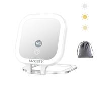 WEILY Miroir de Poche Lumineux, Miroir de Voyage Double Face Grossissant 1X/10x, avec 3 Lumières de Couleur et Rechargeable par USB, Miroir à Main Portable pour Le Maquillage (Blanc)