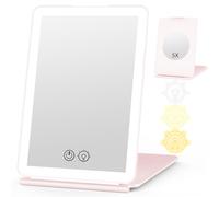 WEILY Miroir Maquillage Lumineux, 5X Grossissant Lumineux, 3 Couleurs Écran Tactile Miroir LED, USB Rechargeable Coiffeuse Voyage (Rose)