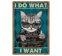 WEIMEILD Panneau en métal « I Do What I Want » - Décoration murale vintage avec chat noir tenant une tasse - Planche à shot du département de police - Plaque d'art amusante pour chambre à coucher