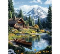 Weiniuniu Canevas Point de Croix Kit Cabane de montagne avec petit bateau 11CT Adulte point de croix kit DIY debutant broderie point de croix imprimé 40x50 cm