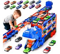 WEIQIAO Camion de Transport Dinosaure avec 18 Mini Voitures, Piste Extensible 157 cm, Double Lanceur, Jouet Camion Enfant Garçon Fille 2 3 4 5 6 Ans