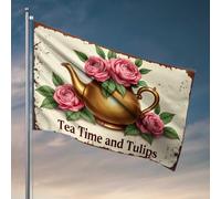 Weird Flags Théière dorée avec roses roses : un drapeau vintage pour l'heure du thé, drapeaux bizarres, décoration de maison (30 x 45 cm)