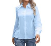 Weiße Bluse, langärmlig, ohne Knopfleiste, mit Kragen, Normale Passform, Verschiedene Farben, Stretch, Freizeitbluse, Businessbluse, klassisch Lang, Blau, L