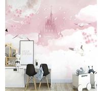 WEITAOSM Mural 3D con nubes rosas, flores, dibujos animados, castillos y pájaros para dormitorio infantil (PVC autoadhesivo)