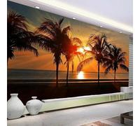 WEITAOSM Mural 3D de un hermoso paisaje natural con cocoteros y puesta de sol en la playa para sala de estar, TV, sofá y dormitorio (PVC autoadhesivo)