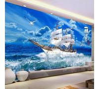 WEITAOSM Mural de paisaje natural con diseño de gaviota, velero y olas de cielo azul en 3D para sala de estar, estudio y oficina (PVC autoadhesivo)