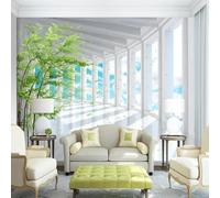 WEITAOSM Mural de pared con diseño de cielo azul y árboles verdes en 3D, arquitectura moderna, extensión espacial, para sala de estar, TV, sofá, fondo (PVC autoadhesivo)