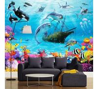 WEITAOSM Mural de pared con diseño de delfín, orca, pez, tortuga, coral y barco para habitación infantil (PVC autoadhesivo)
