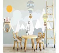 WEITAOSM Mural moderno pintado a mano con dibujos animados de animales de montaña nevada, globo aerostático, para dormitorio infantil, habitación de bebé, decoración artística de fondo