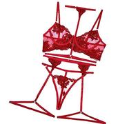 WEITING 3 pièces Broderie Lingerie Ensemble Femmes Ensemble Brodé Push Up Soutien-Gorge Jarretière Sous-Vêtements-1-Rouge,L