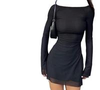 WEITING Années 90 Vintage Vacances Indie Femmes Élégant Noir Maille Mini Robe Streetwear Chic Sexy Dos Nu Pleine Manches Robes Graphique Vêtements-Noir,M