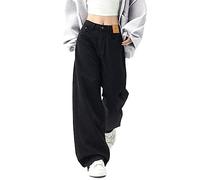 WEITING Automne Femmes Couleur Noire Taille Haute Classique Denim Pantalon Taille Haute Couleur Unie Ample Jambe Large Femme Jean Pantalon Simple Basique