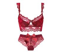 WEITING Belle culotte à nœud lingerie sexy soutien-gorge en dentelle à 5 boutonnages ensembles de soutiens-gorge pour femmes bonnet A B C D rouge vin, 90C