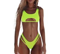 WEITING Bikini sexy ajouré pour femme - Coupe haute - Micro maillots de bain élégant - Tenue de plage 2 pièces - Jaune fluo, M