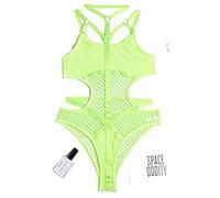 WEITING Body en maille filet de poisson pour femmes sexy gothique lingerie salopette creux corps sans manches haut en dentelle noir vert fluo, M