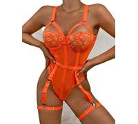 WEITING Body sexy rouge pour femme en dentelle avec armatures ajourées et haut sans manches, body à coupe haute avec entrejambe, orange, S