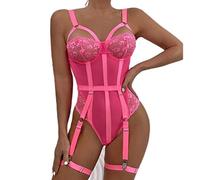 WEITING Body sexy rouge pour femme en dentelle avec armatures ajourées et haut sans manches, body à coupe haute avec entrejambe - Rose fluo, L