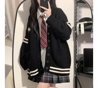 WEITING Cardigan Noir de Style coréen pour Femmes, Mode Japonaise Harajuku, Pull tricoté d'automne, Tricot rayé Preppy surdimensionné-Noir-S