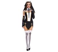 WEITING Costume de nonne sexy pour femme adulte - Robe de costumade avec coiffe, chaussettes et gants pour Halloween fête costumée - Noir, XXL
