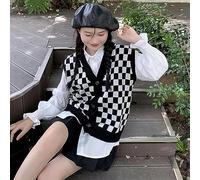 WEITING Damier Plaid Oversize Pull Gilet Vintage Streetwear Harajuku Femmes Style Coréen Col en V Pull Femme Hauts Noirs-B-Taille Unique