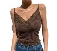 WEITING Dark Mall Caraco gothique basique pour femme avec bordure en dentelle côtelée dos nu pour l'été - Marron S