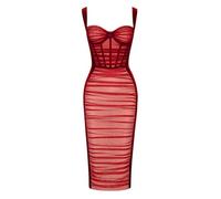 WEITING Élégant Deux Couches Maille Sexy Robe Midi pour Les Femmes Robe Printemps Nouveau sans Manches Dos Nu Moulante Club Robe De Soirée-Rouge,M